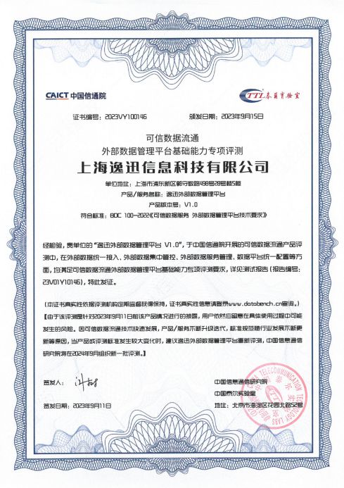 米乐M6 M6米乐首批！逸迅科技通过信通院“外部数据管理平台”专项测试认证(图1)